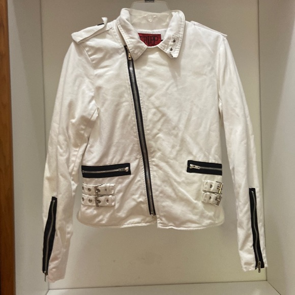 TRIPP NYC LG. WHITE & BLACK BIKER/MOTO JACKET~ZIPPERS, STRAPS, STUDS & CLASPS - Picture 15 of 15